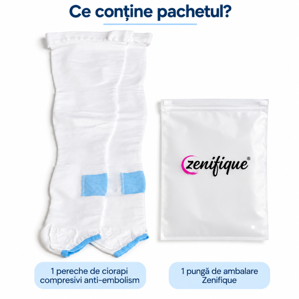 Pachet cu o pereche de ciorapi compresivi anti-embolism și o pungă de ambalare Zenifique